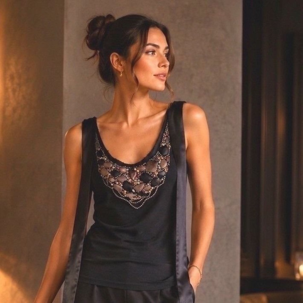 Bordeaux Los Angeles S Black Beaded Embellished Neckline Tank Top